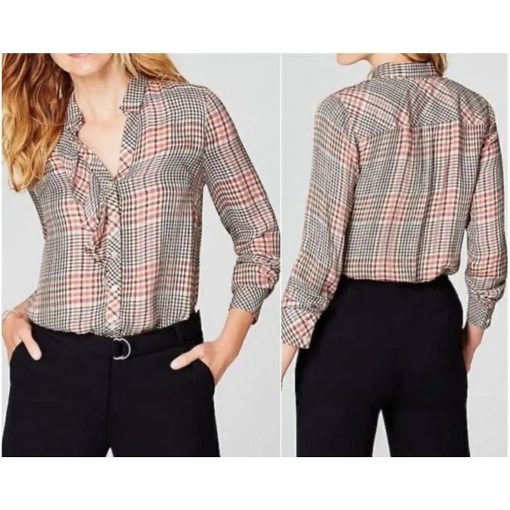 J. Jill Women's Glen Check Plaid Ruffled Button-Front Blouse Sz M